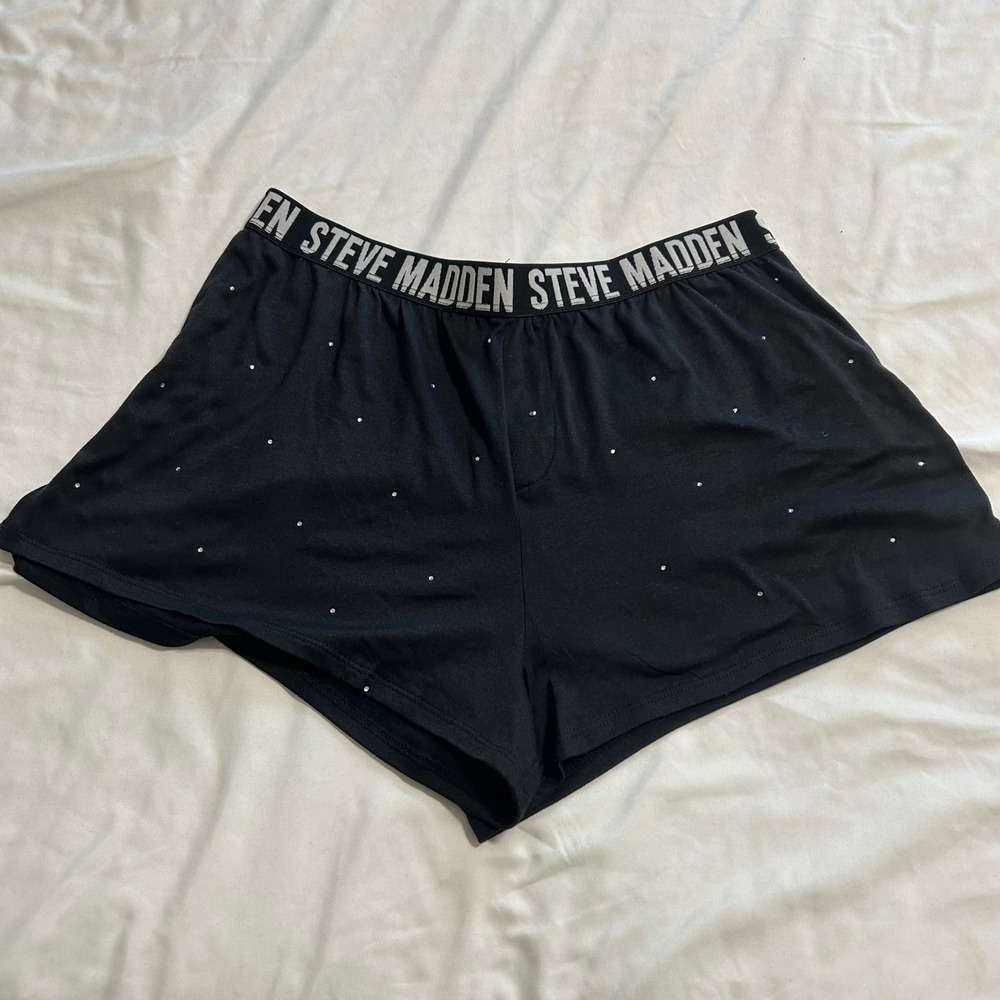 Steve Madden Womens Black Rhinestone Logo Waistband Pajama Lounge Shorts Size M